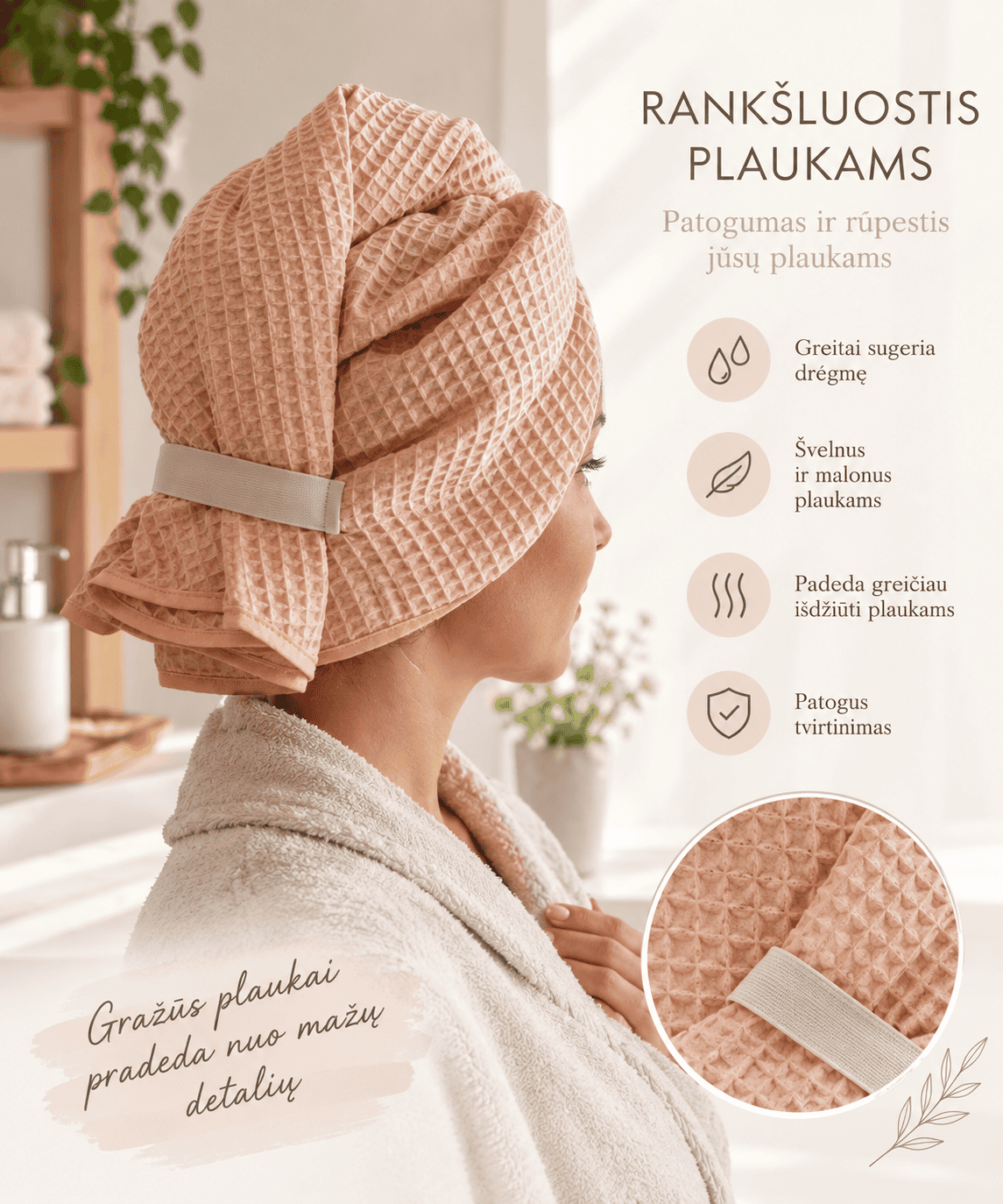 Plaukų rankšluostis vafliukas (kurima.lt)
